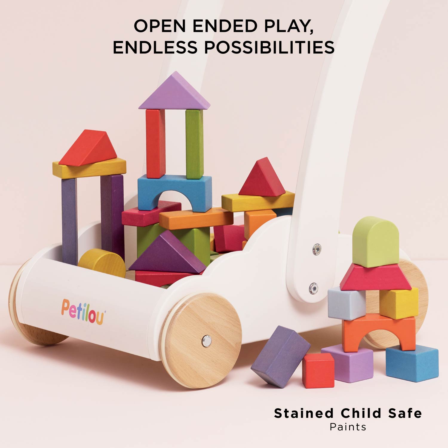 Colorful wooden building blocks with a white cart, featuring the brand 'Petilou'.