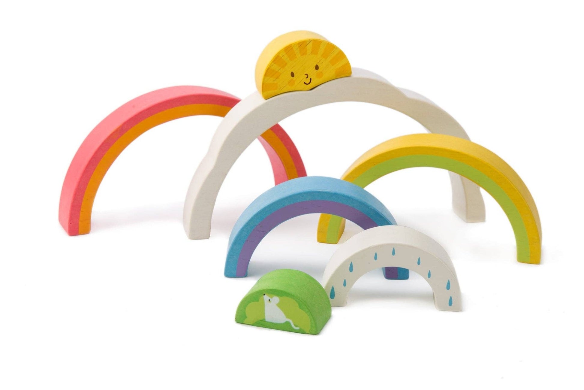 Set of colorful wooden rainbow toys with a sun on a white background