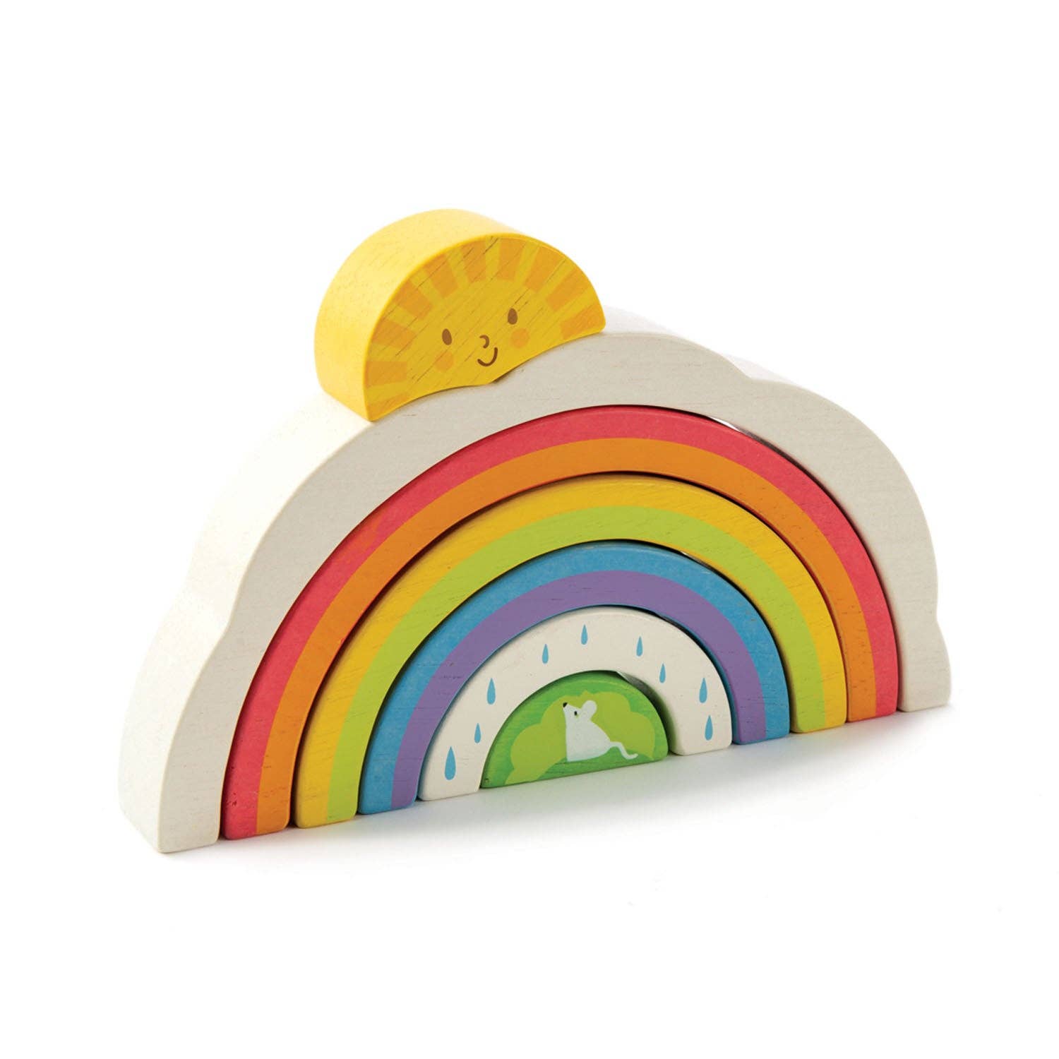 Wooden rainbow toy with a sun on a white background