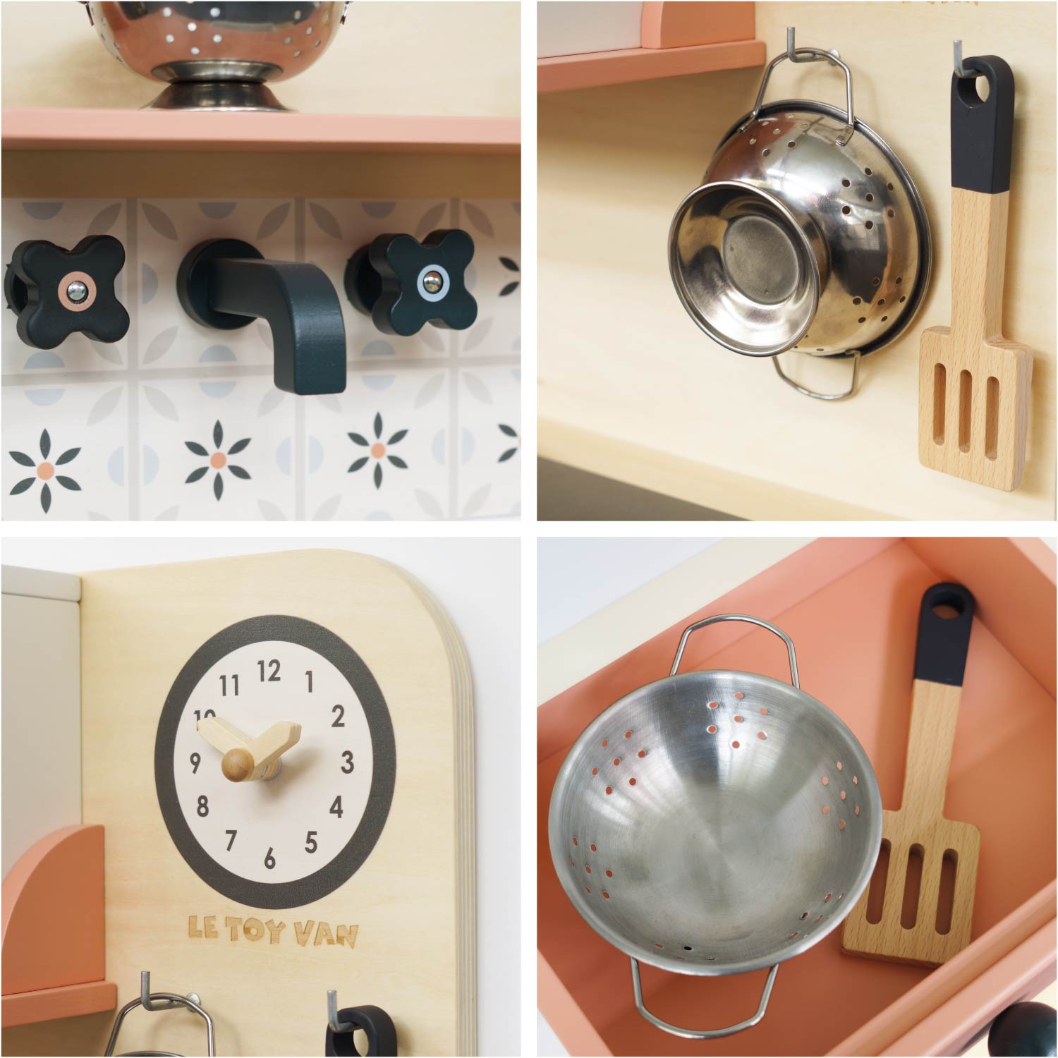 Collage of toy kitchen items including pots, pans, and a clock with 'Le Toy Van' branding.