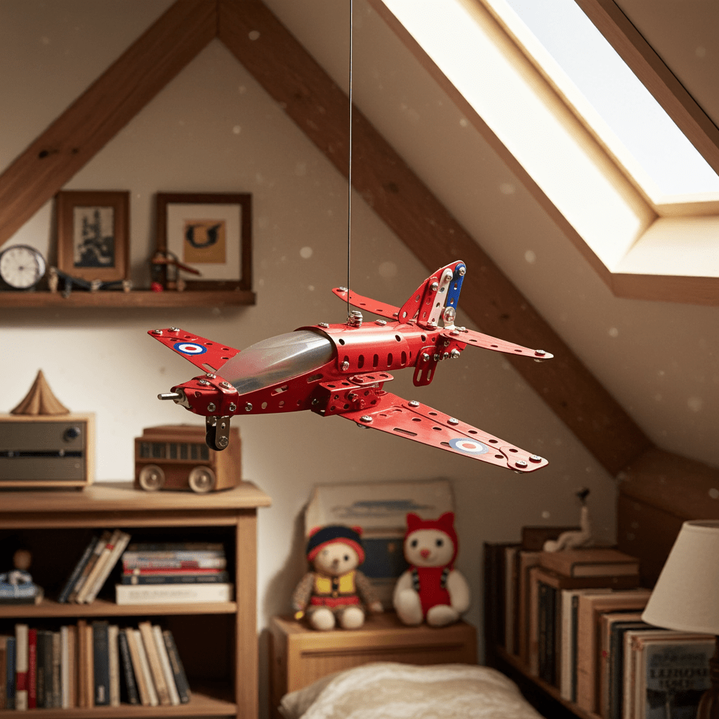 Red toy airplane hanging from the ceiling in a room with books and toys on shelves.