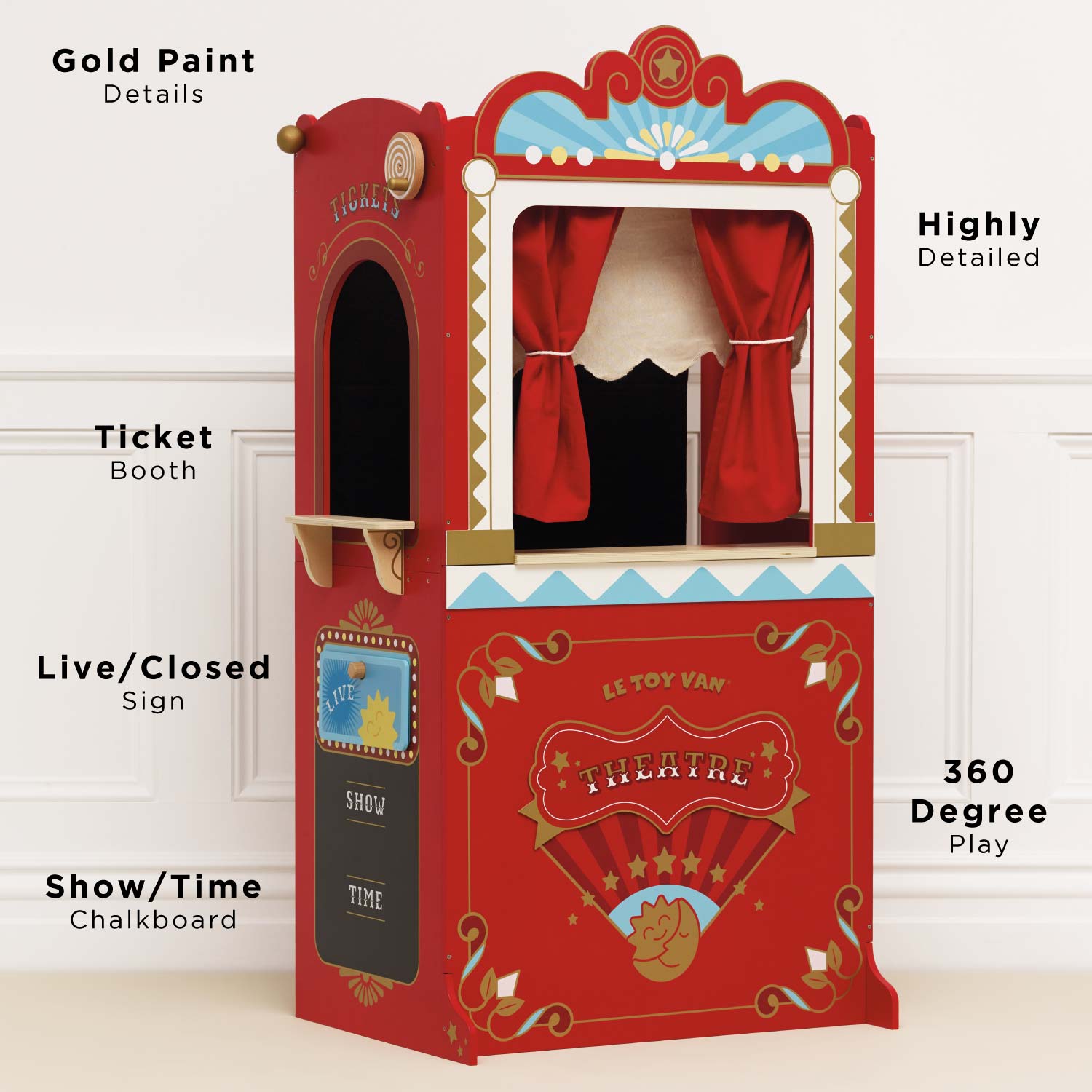 Red puppet theatre with ticket booth and curtains on a white background