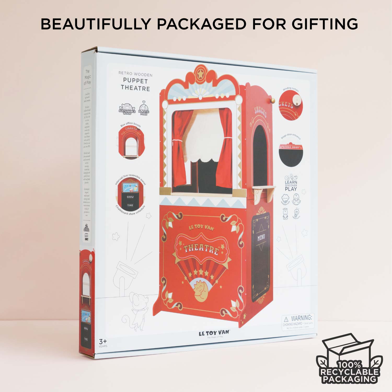 Puppet theatre packaging with 'Le Toy Van' branding on a light pink background