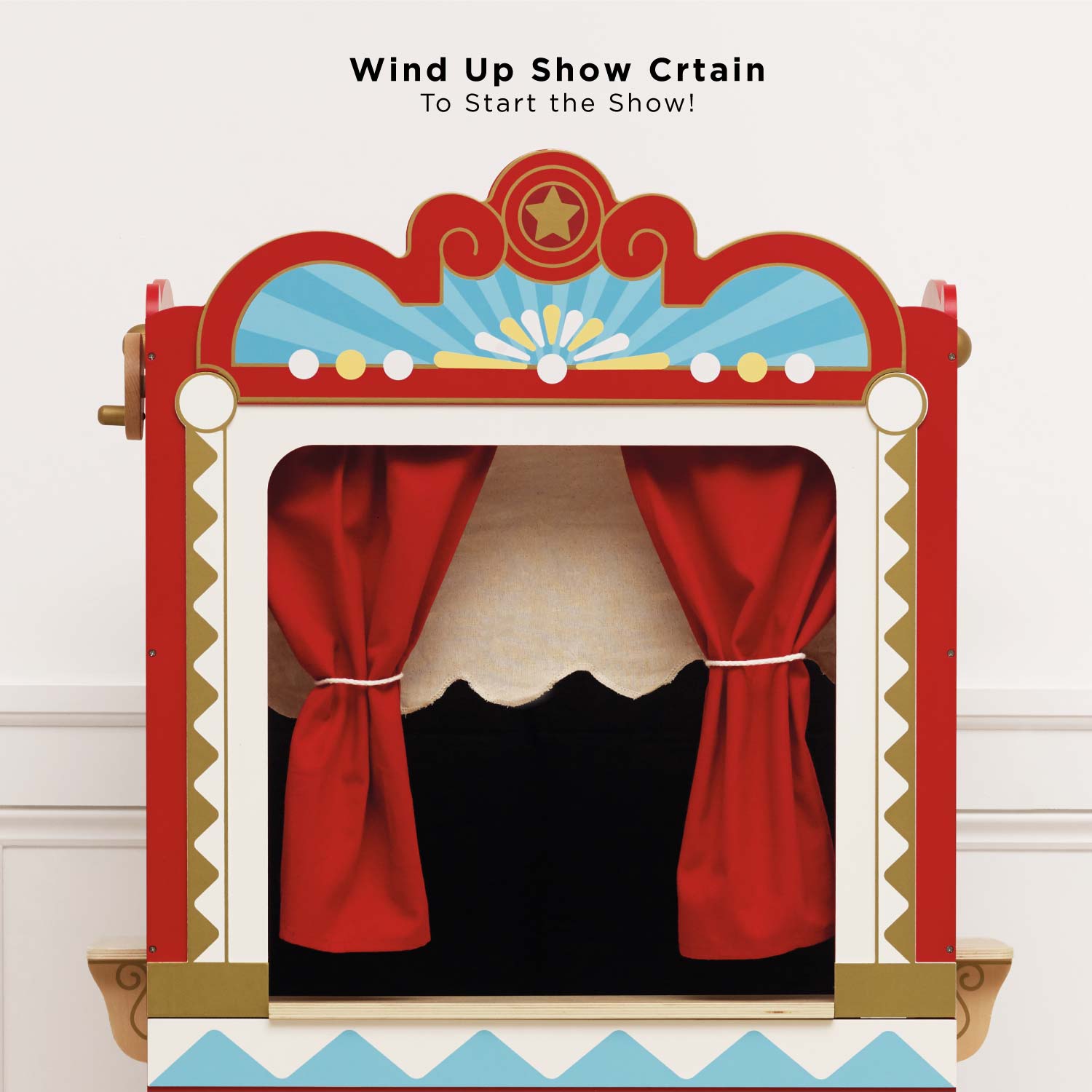 Red curtain stage with decorative top on a white background