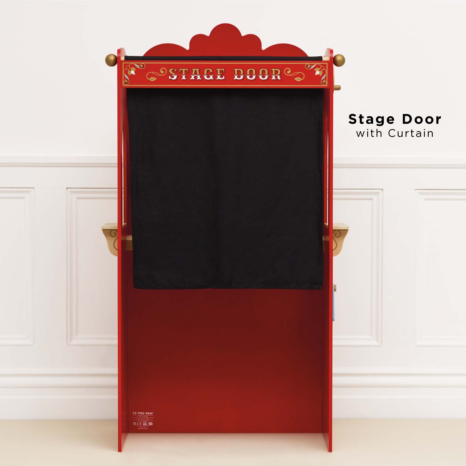 Red stage door with black curtain on a white background