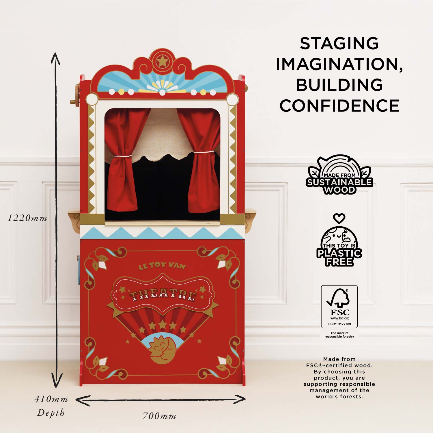 Red puppet theatre with dimensions and sustainability certifications on a white background