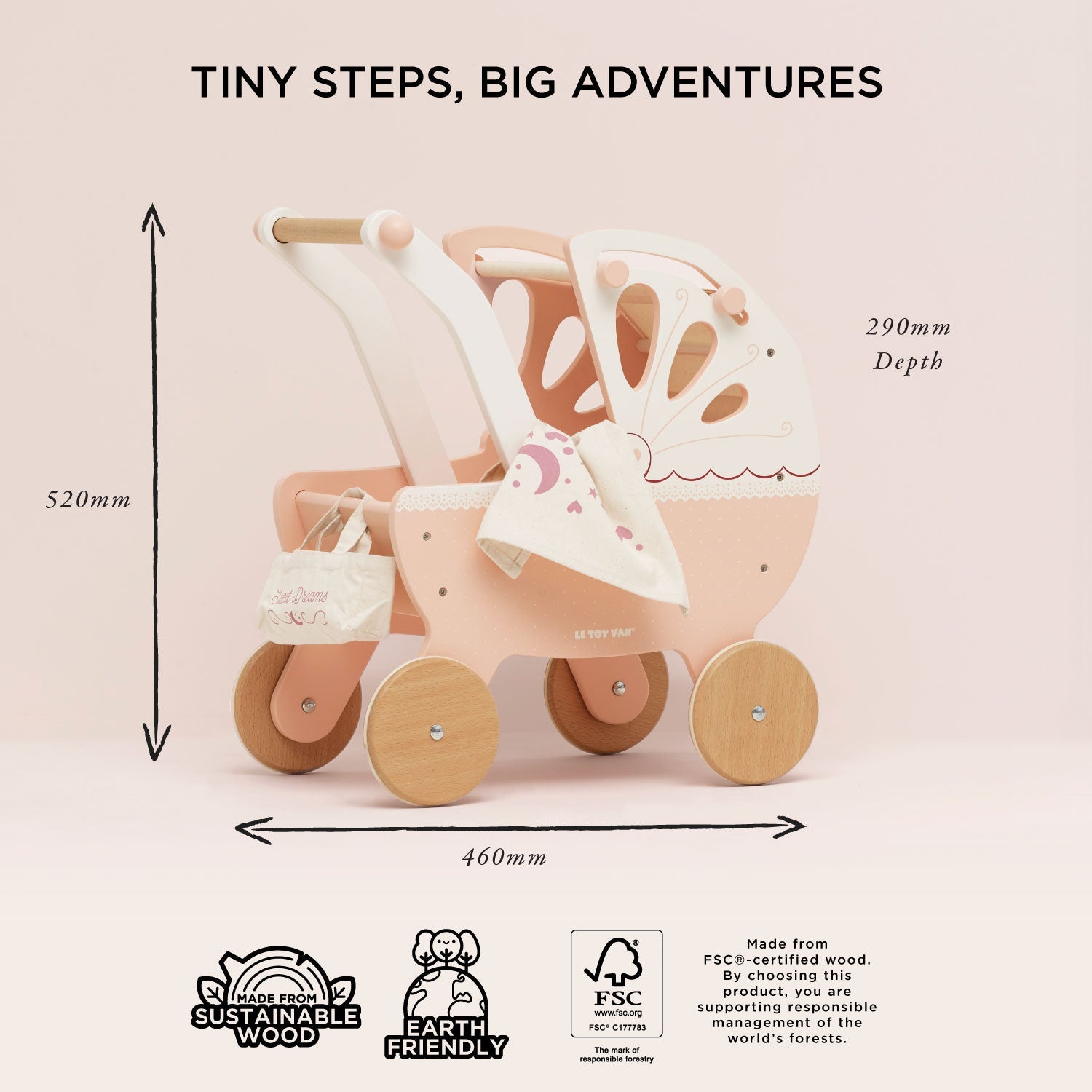 Wooden toy pram with dimensions and sustainability certifications on a light pink background