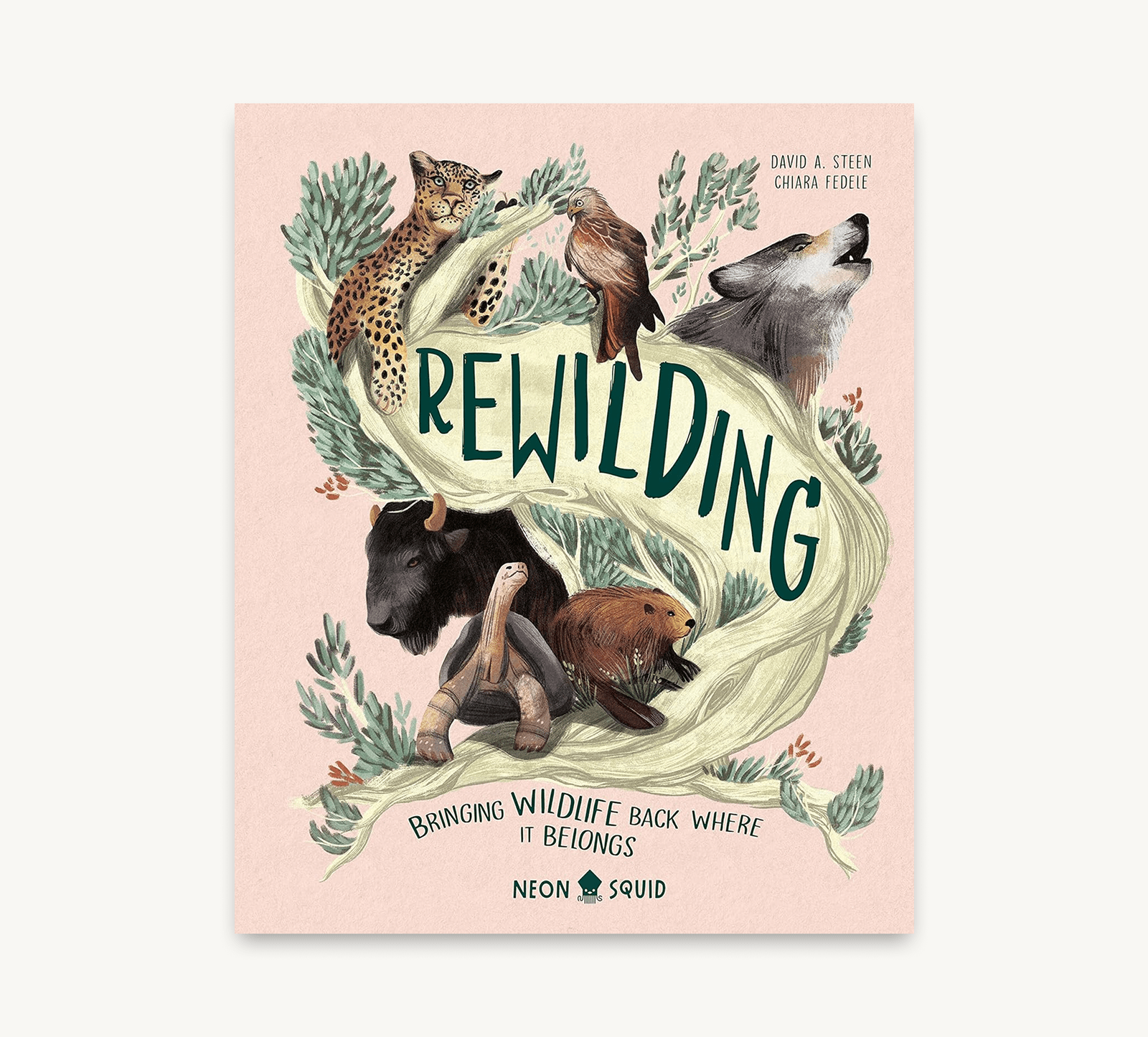 Book cover of 'Rewilding' with illustrations of animals and text on a pink background