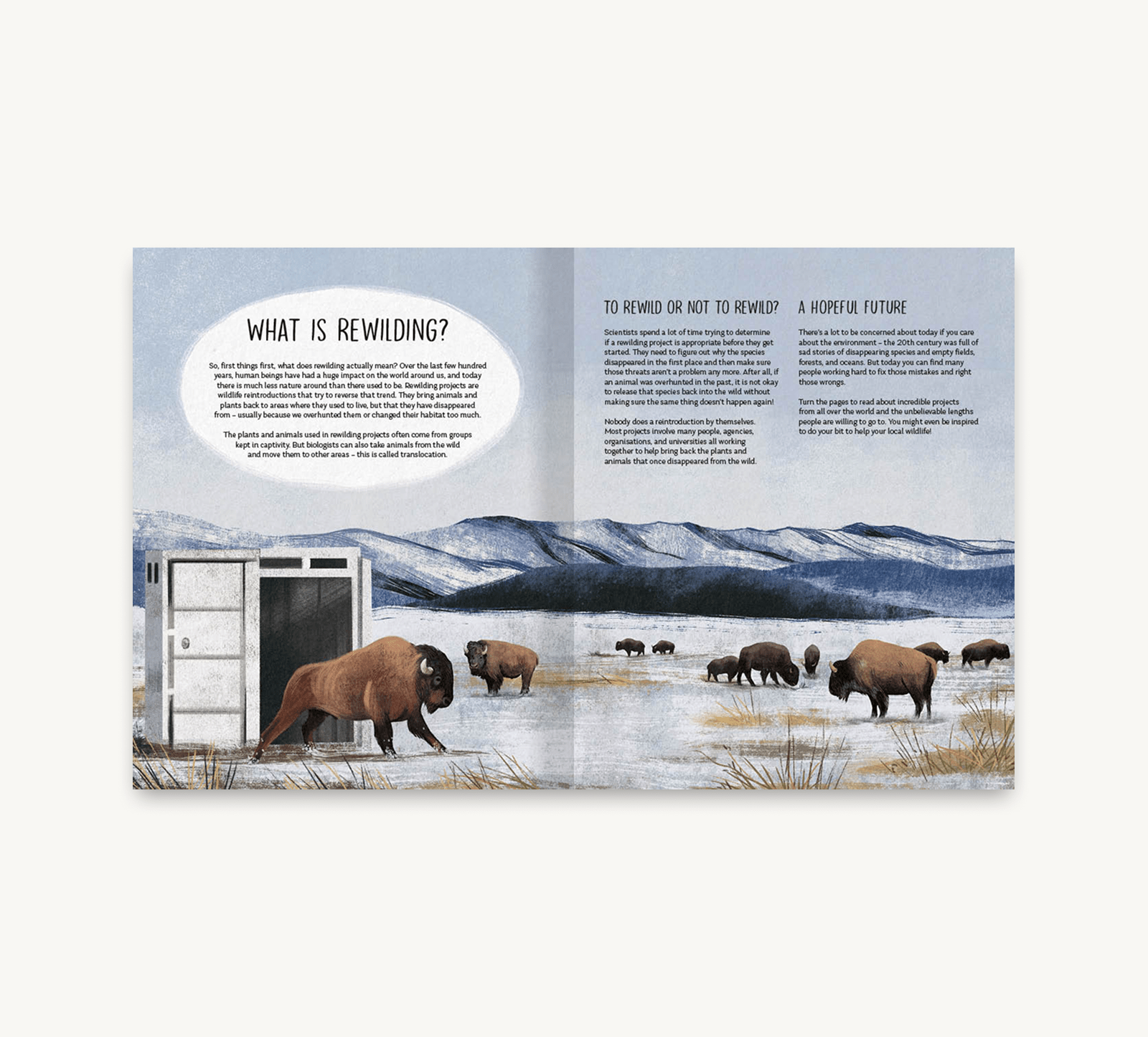 Book page with illustration of bison and a cabin, text about rewilding, on a white background.