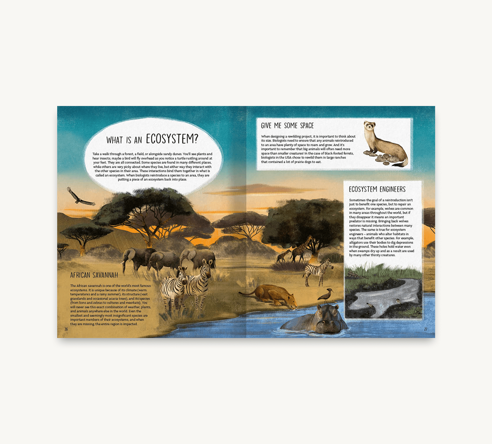 Educational book page about ecosystems with illustrations of animals and text.