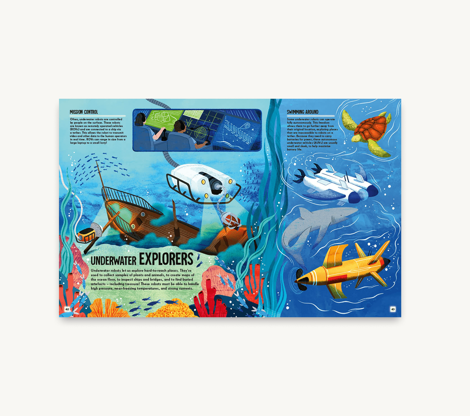 Illustrated page about underwater explorers with various vehicles and marine life.