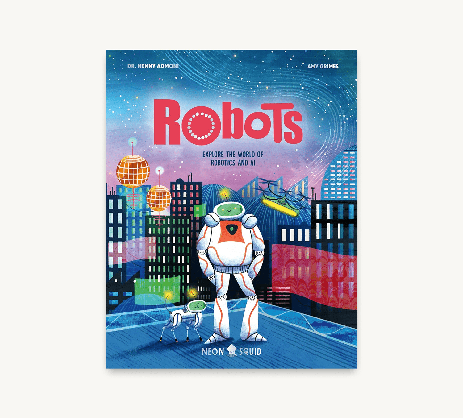 Book cover of 'Robots' with a robot and cityscape illustration on a blue background