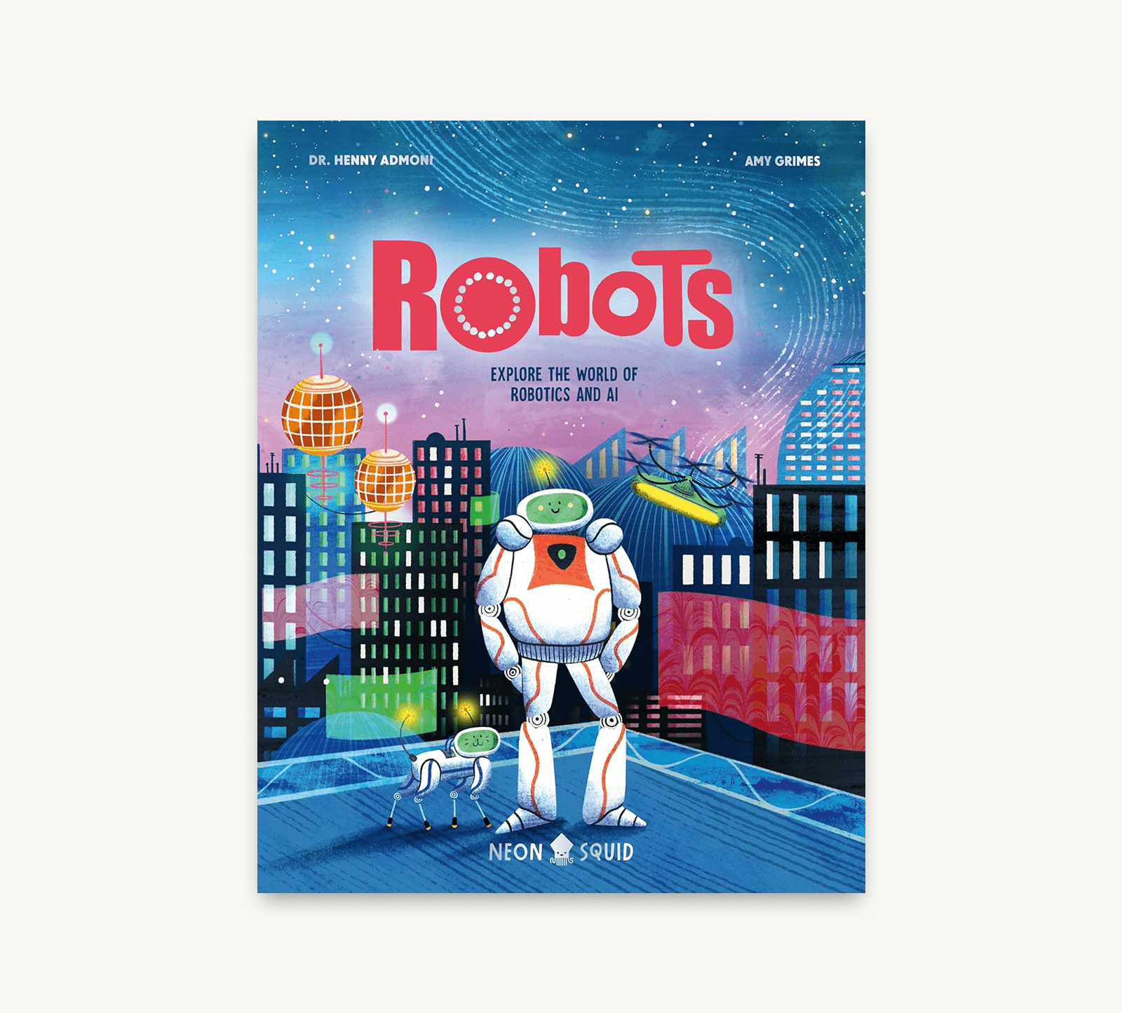 Book cover of 'Robots' with a robot and cityscape illustration on a blue background