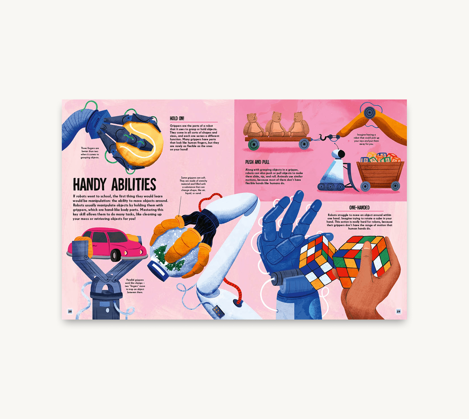 Illustration of robotic arms and a hand with text on a pink background