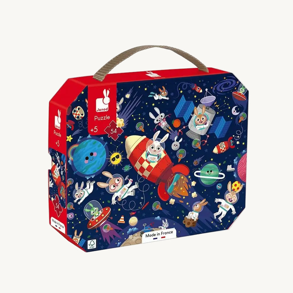 Children's puzzle box with space-themed design and cartoon characters on a white background