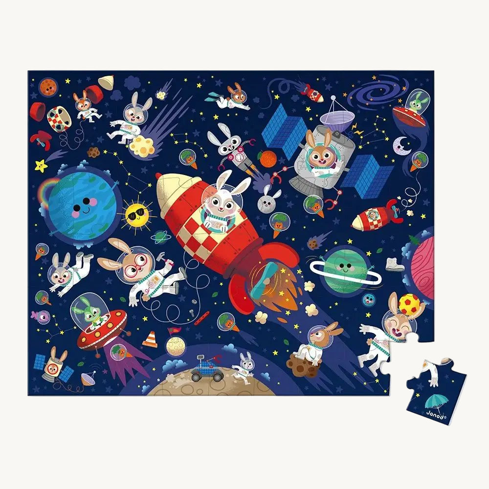 Children's puzzle with space-themed design featuring cartoon animals on a rocket ship.