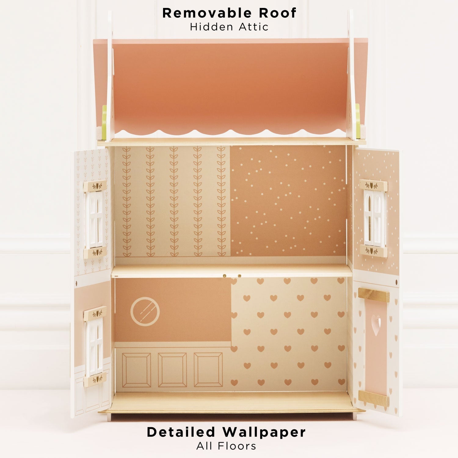 Dollhouse with a removable roof and detailed wallpaper on all floors.