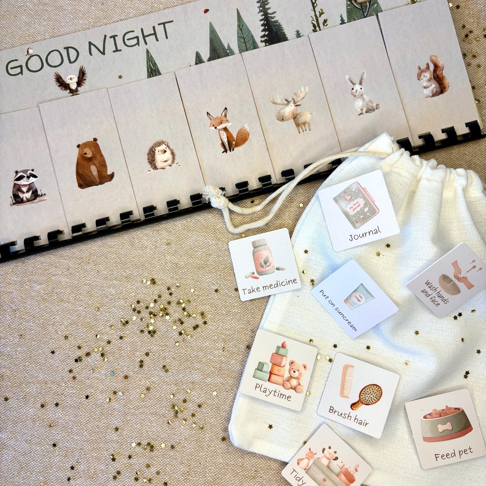 Children's book titled 'Good Night' with illustrations of animals and related activities on a textured surface.