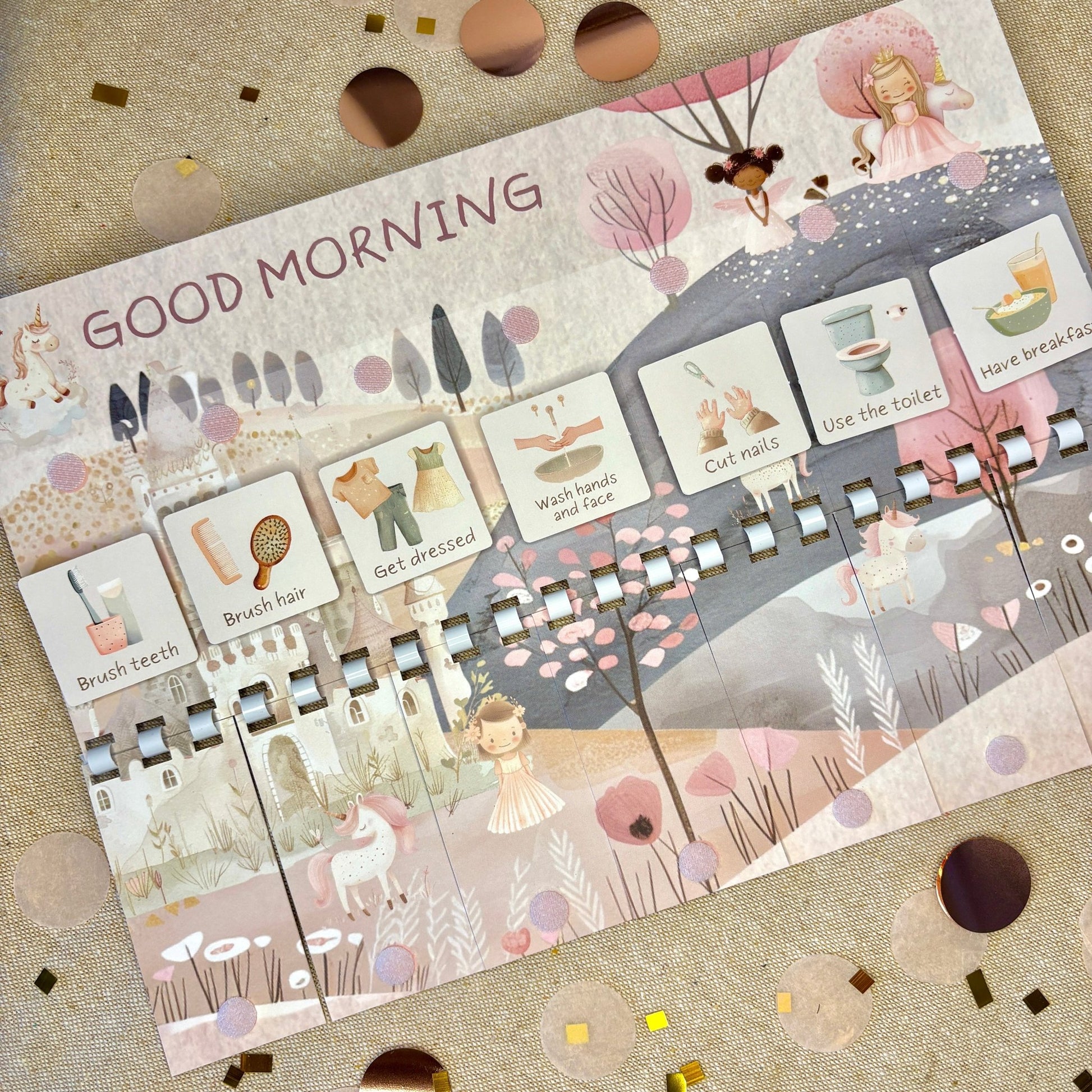 Children's educational chart with illustrations and text on a wooden surface