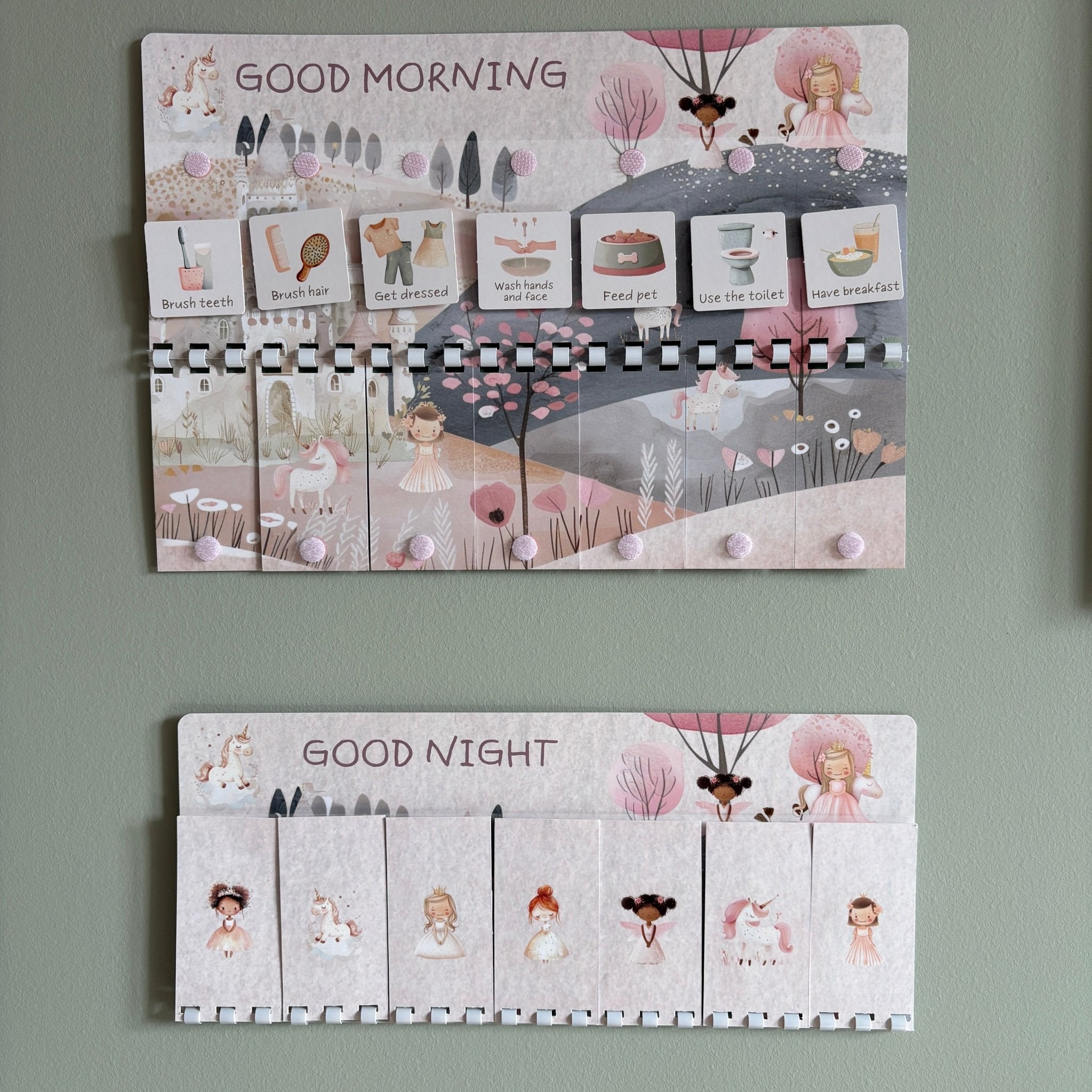 Children's morning and night routine charts on a wall