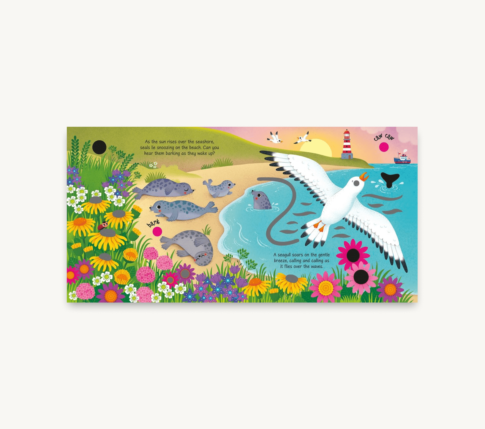 Children's book page with illustrations of birds, flowers, and a lighthouse.