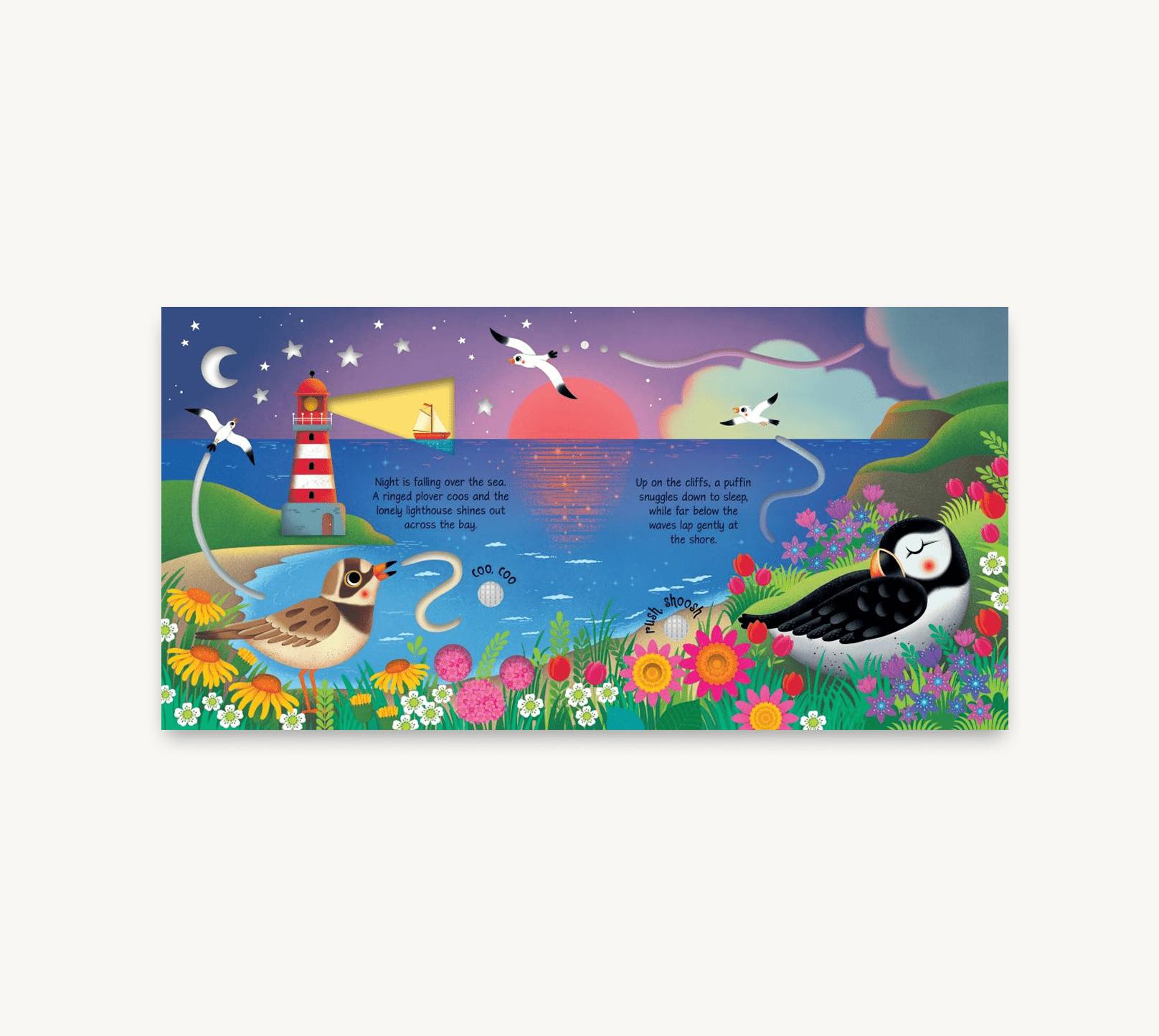 Colorful illustration of a coastal scene with birds and a lighthouse on a white background