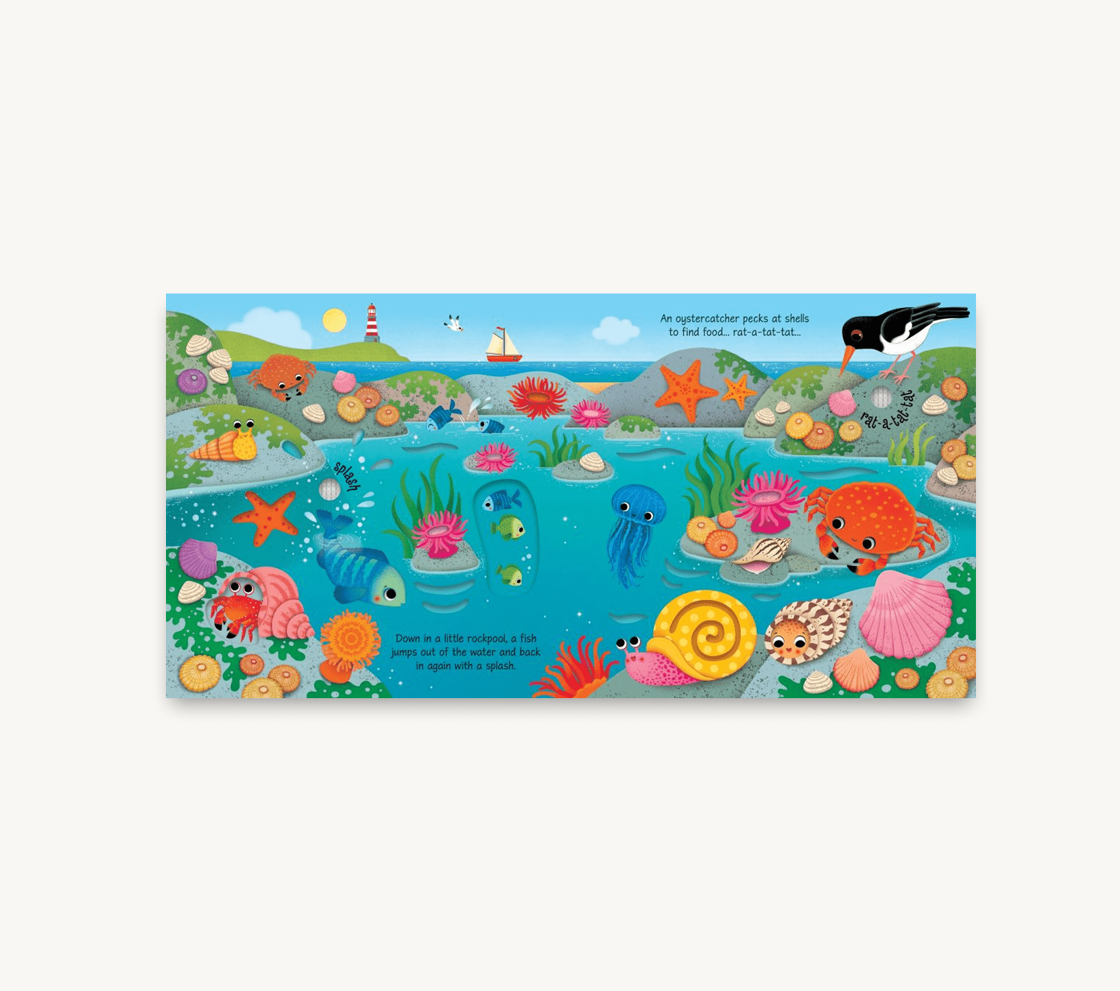 Colorful children's book or board with ocean-themed illustrations on a white background