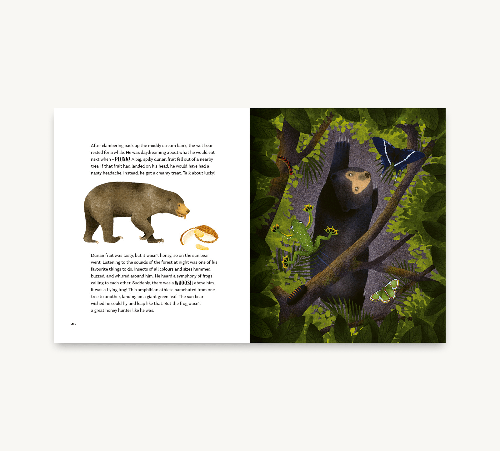 Illustrated book page with a bear and a person in a forest setting.