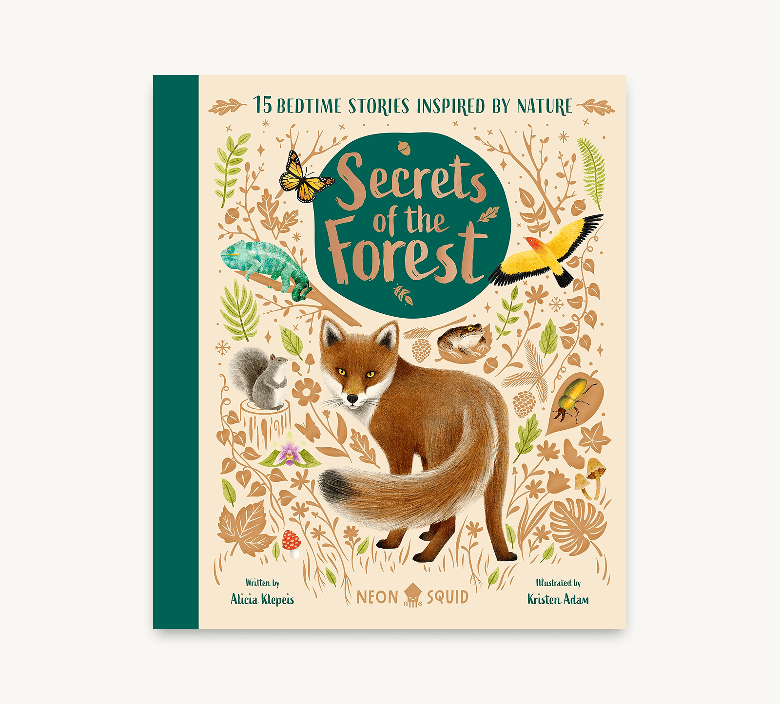 Book titled 'Secrets of the Forest' with illustrations of a fox and nature elements on a beige background.