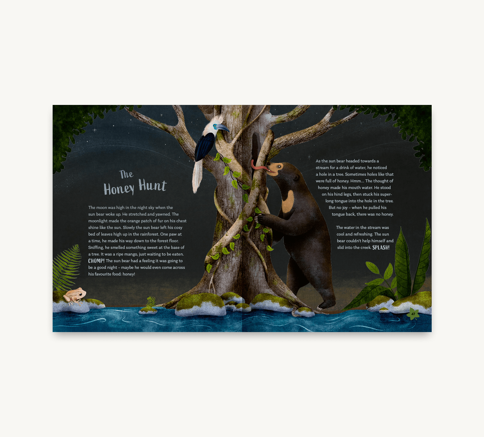 Illustration of a bear and bird near a tree with text on a dark background