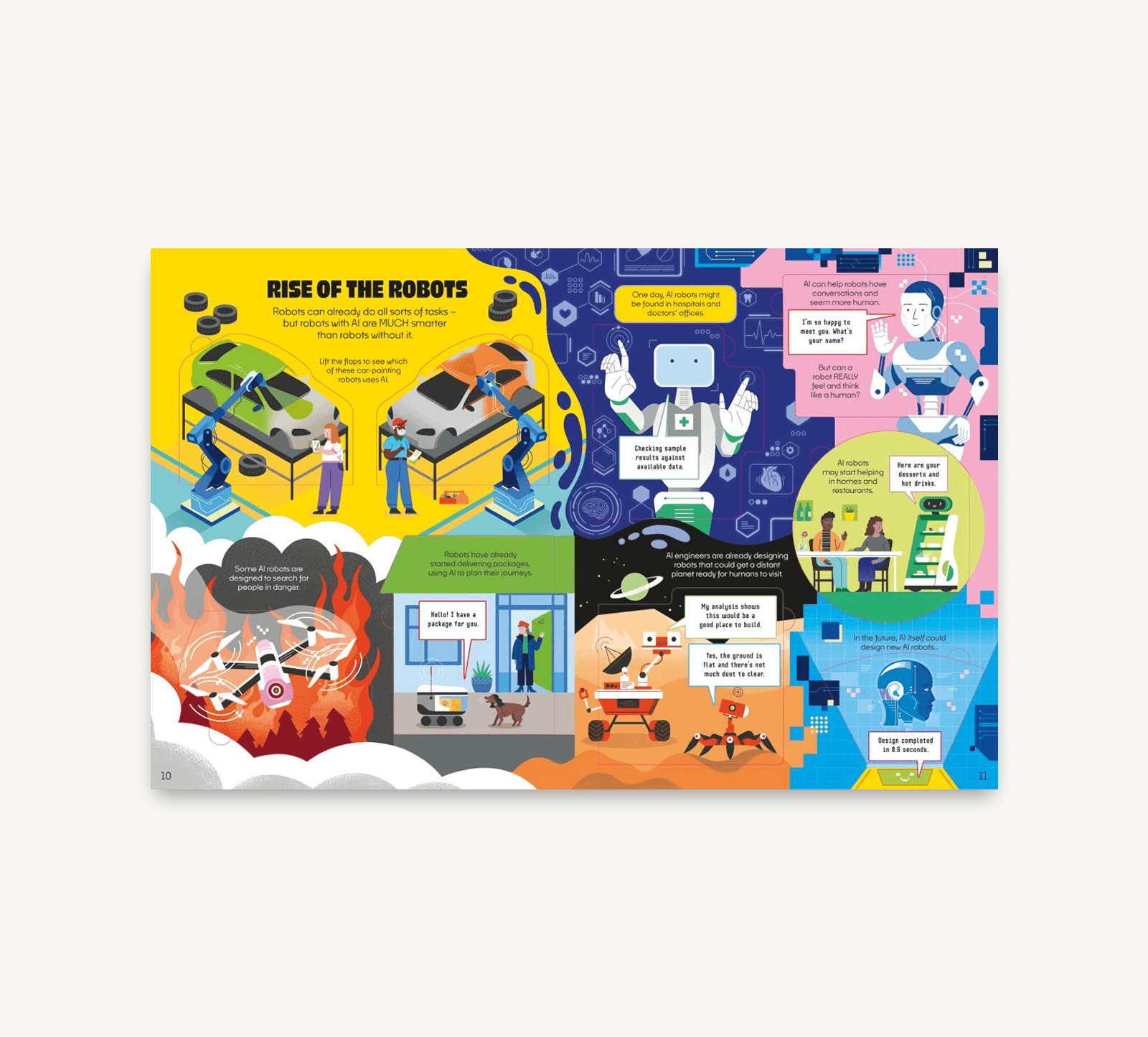 Illustrated book page about robots with colorful graphics and text on a white background