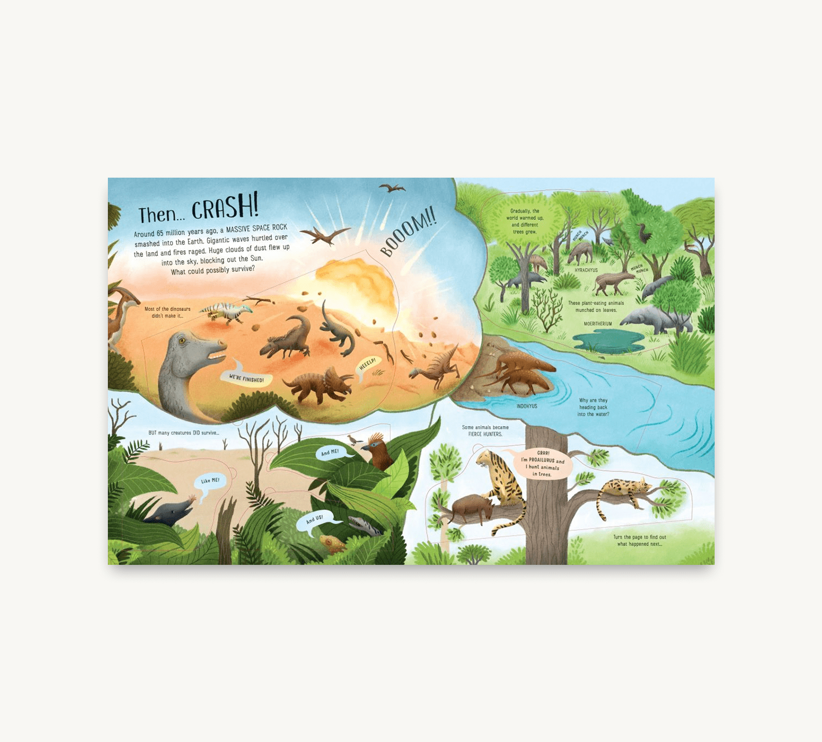 Educational illustration of a prehistoric scene with various animals and text on a white background