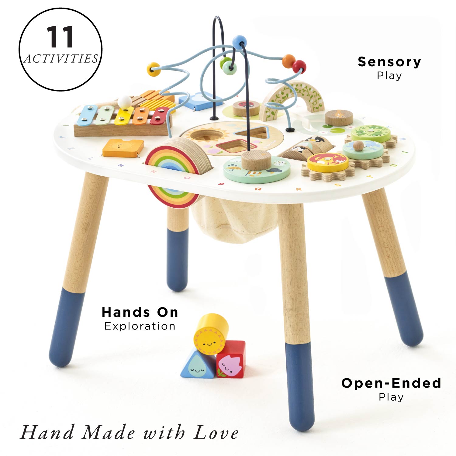 Children's activity table with various educational toys on a white background