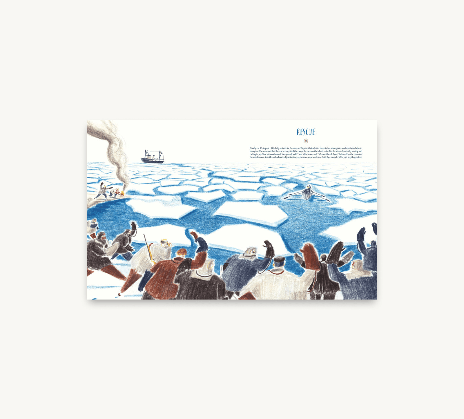 Illustration of people on a frozen landscape with a ship in the distance.