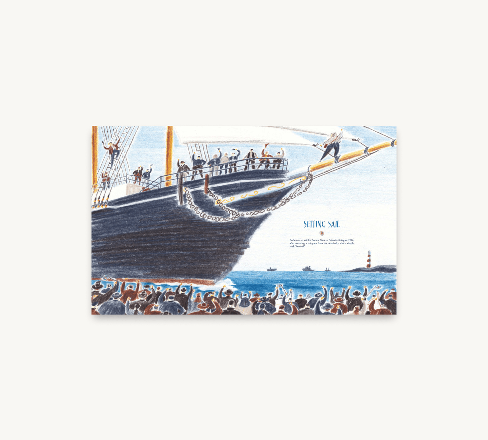 Illustration of a large ship with people on deck, set against a blue sky and ocean.