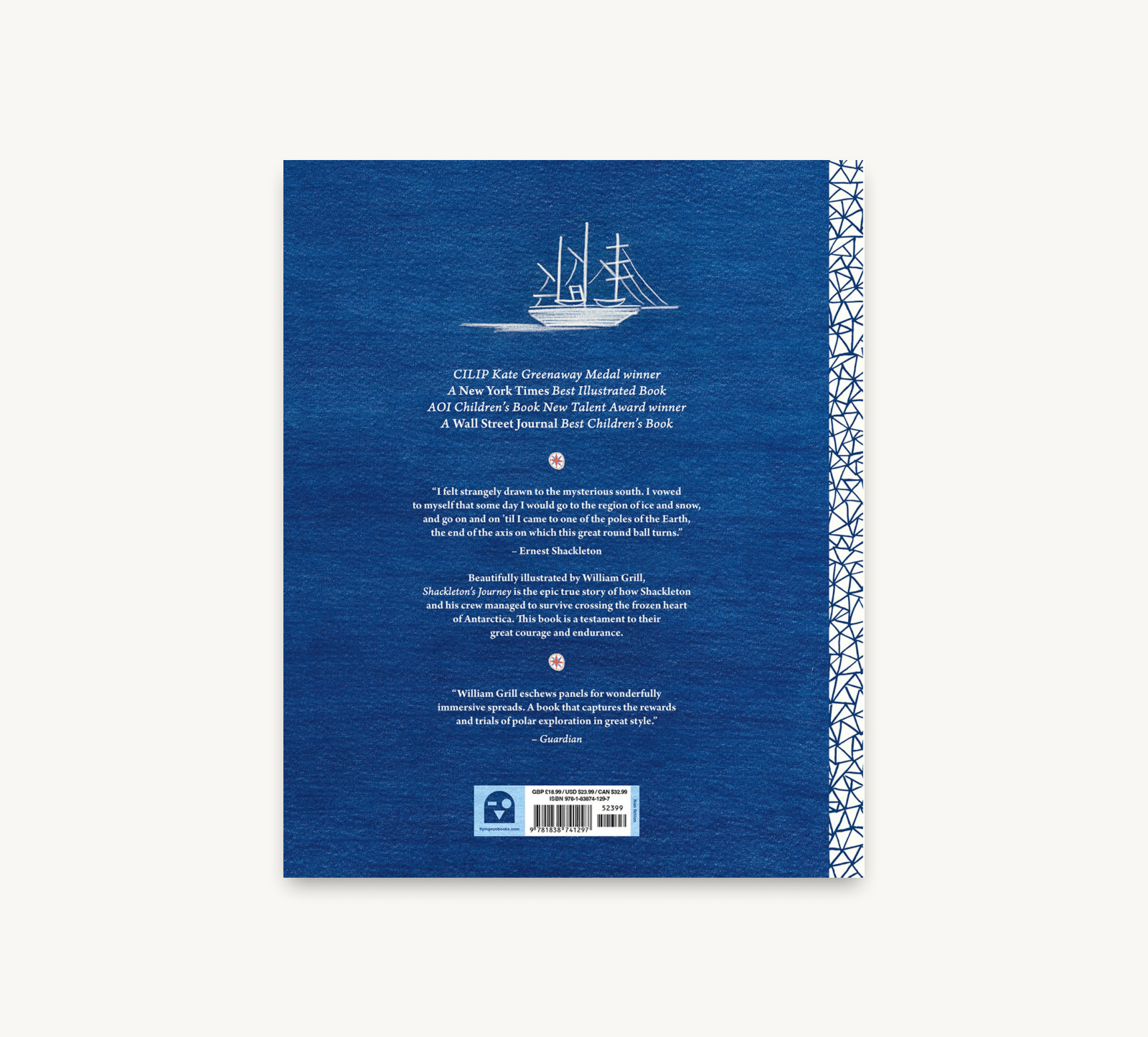 Blue book cover with text and a ship illustration on a white background