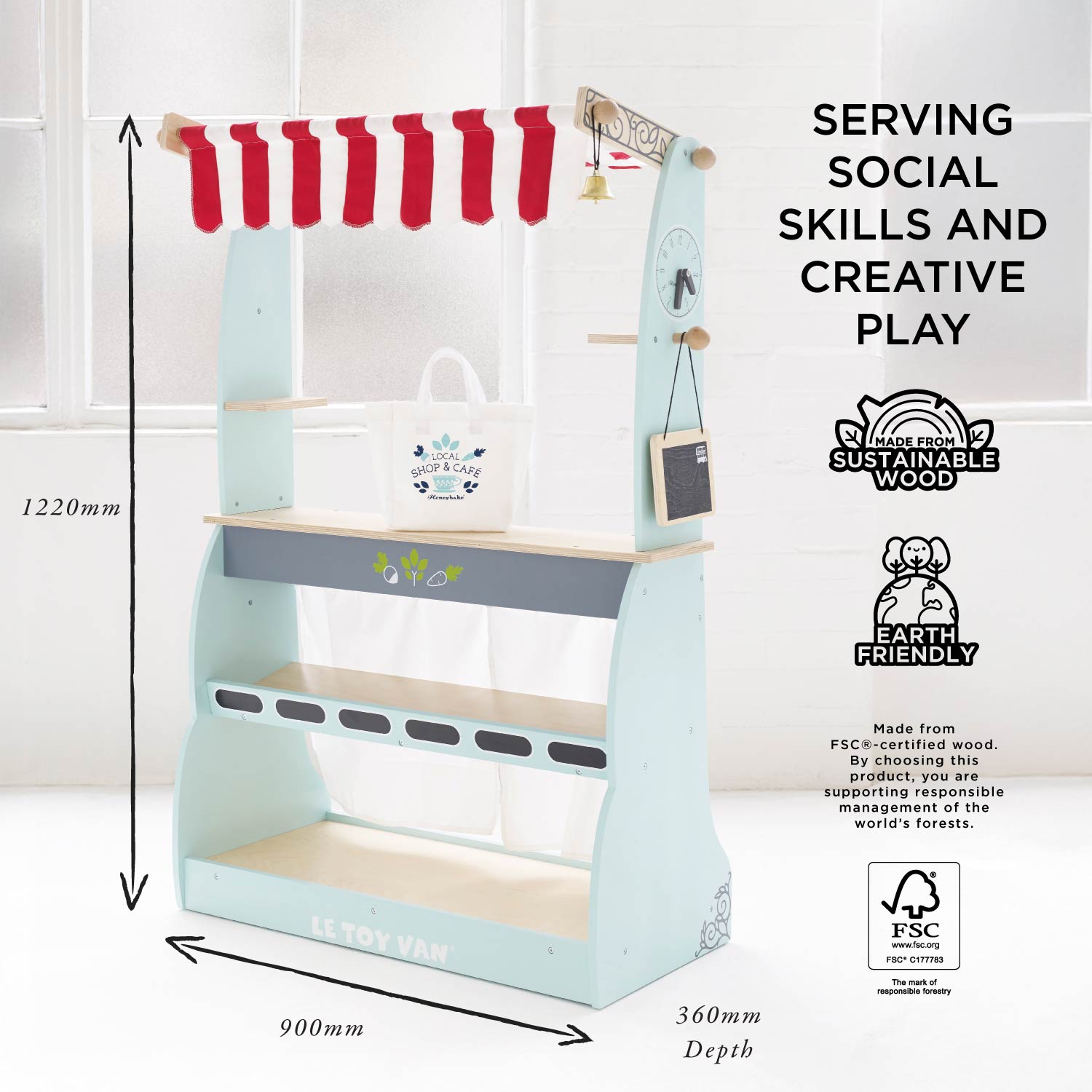 Children's play shelf with measurements and sustainability information on a white background
