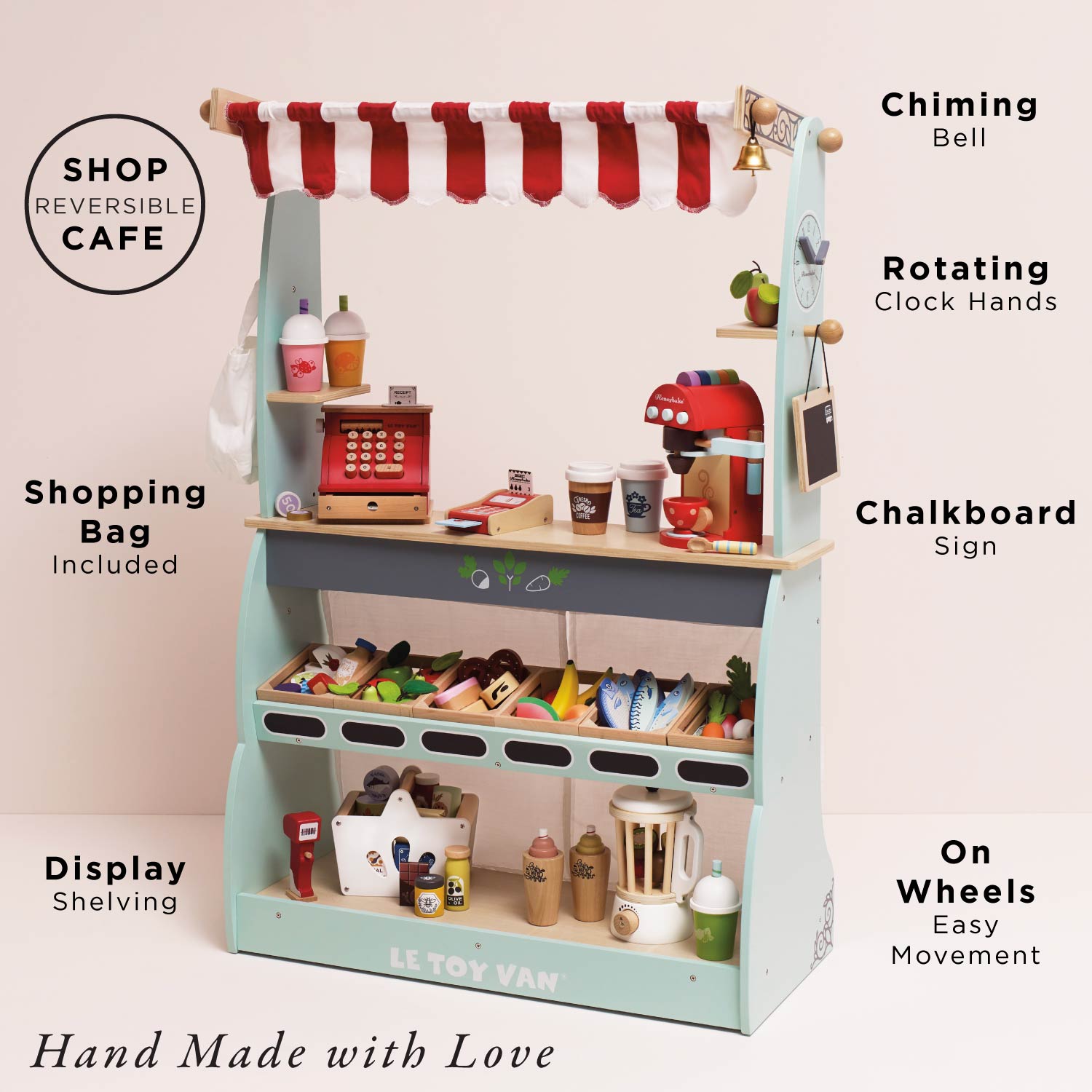 Toy cafe set with various features labeled on a light pink background