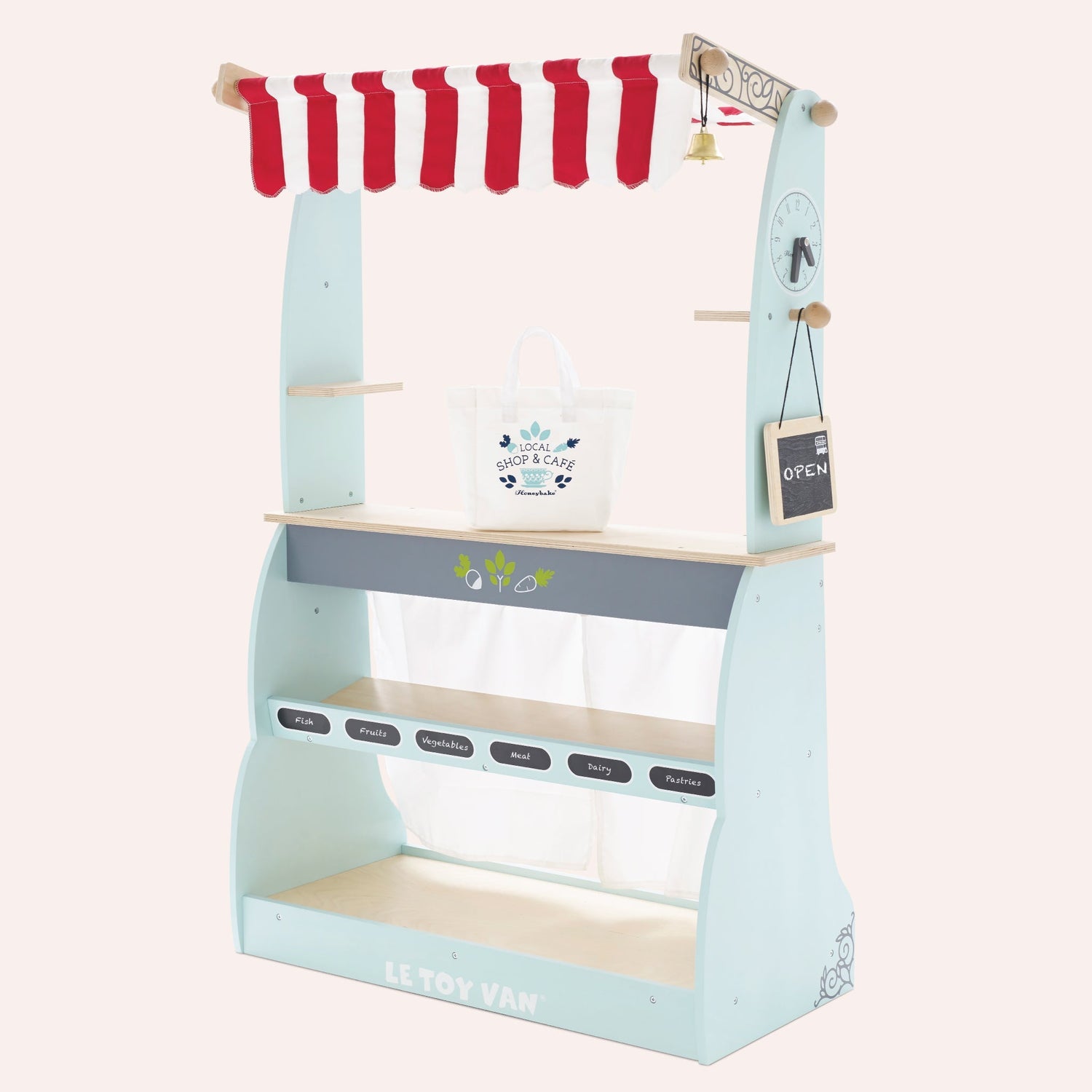 Children's play kitchen set with a blue structure, red canopy, and various accessories on a white background.