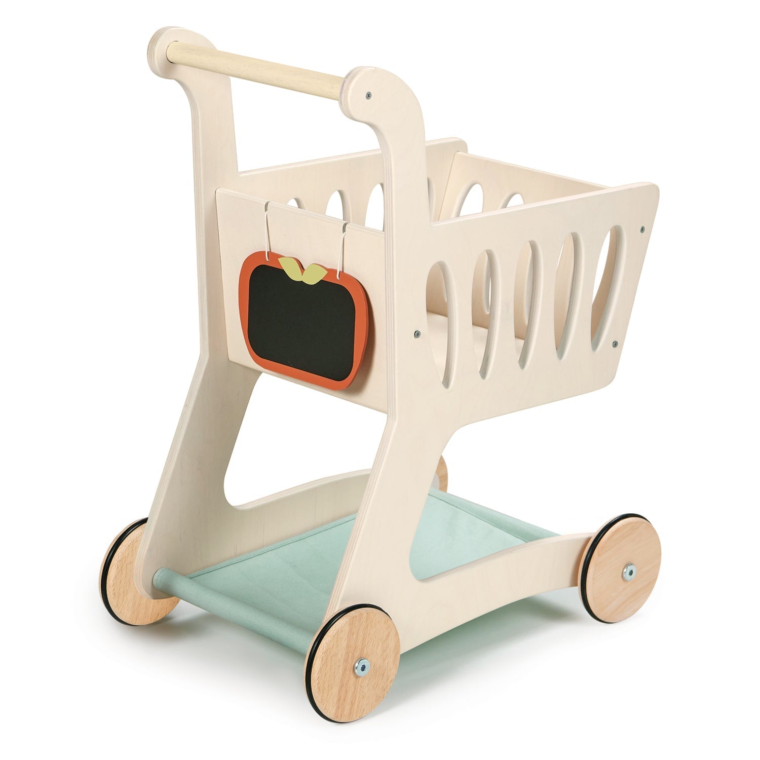 Wooden toy shopping cart with a chalkboard and colorful accents on a white background