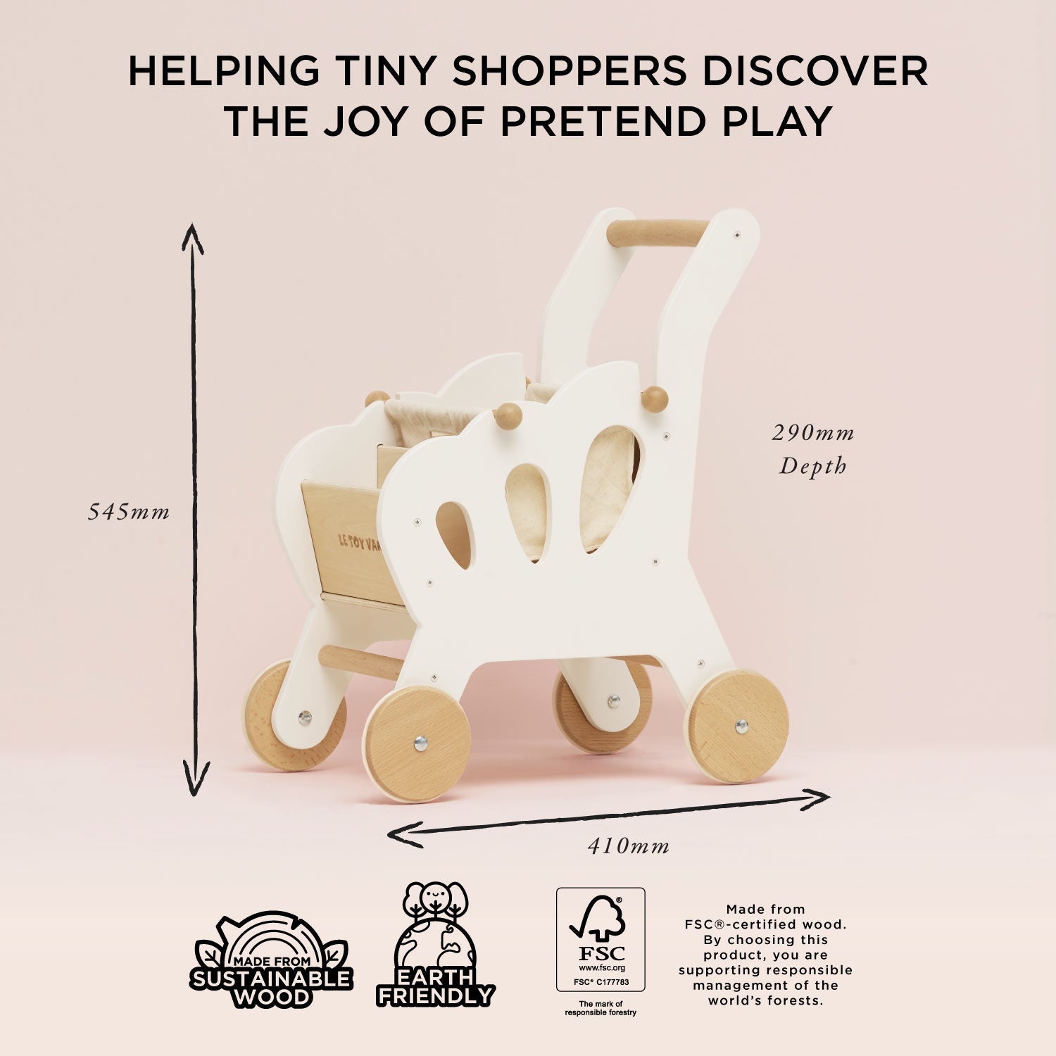 Wooden toy stroller with dimensions and sustainability certifications on a light pink background