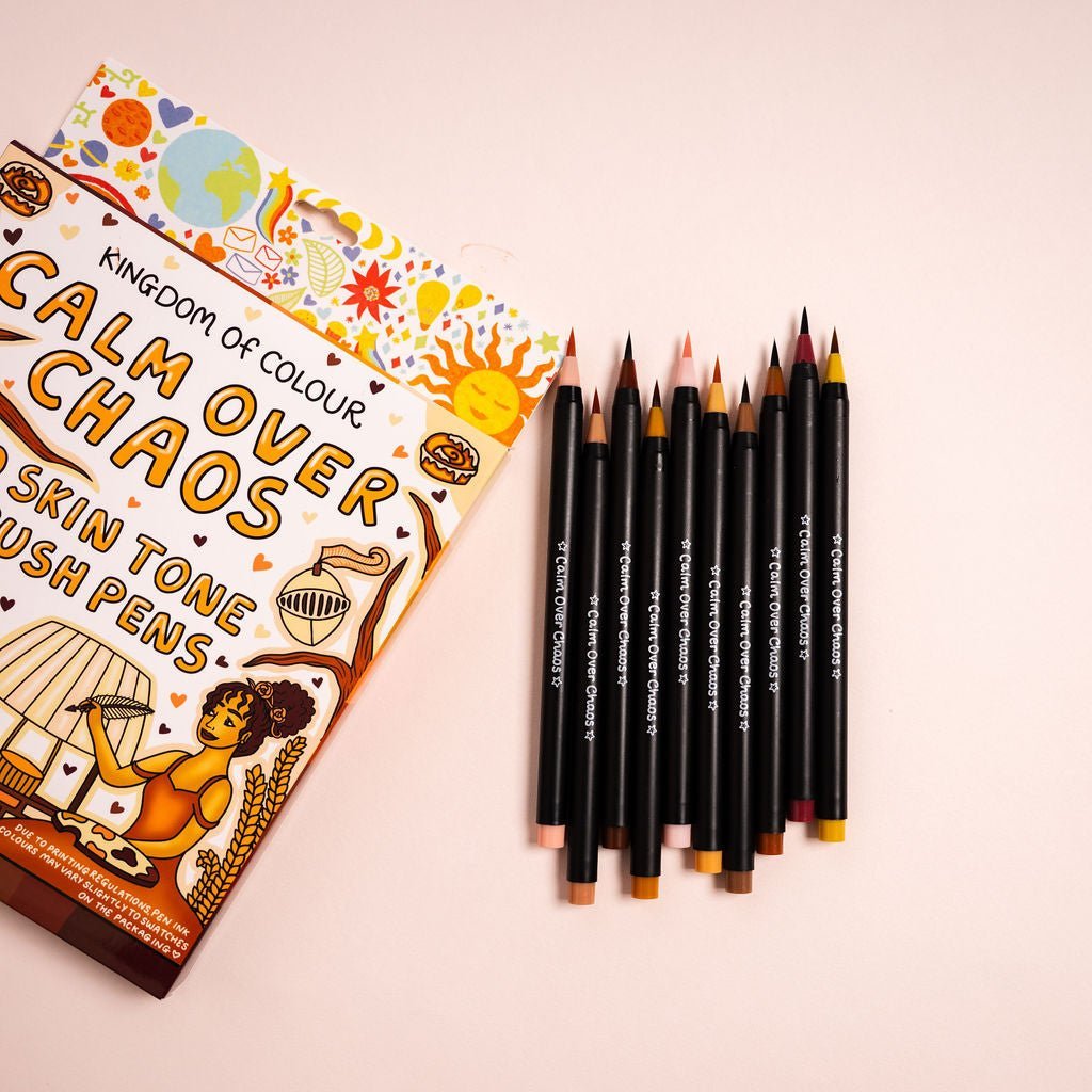 Set of Kingdom of Colour skin tone brush pens on a pink background