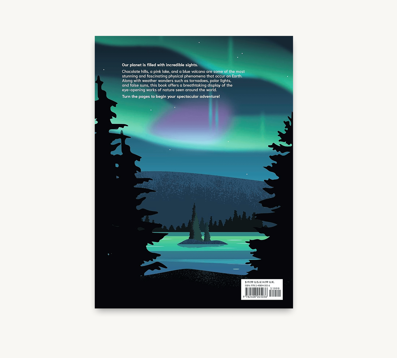 Book cover with Northern Lights over a lake and trees, text on the back