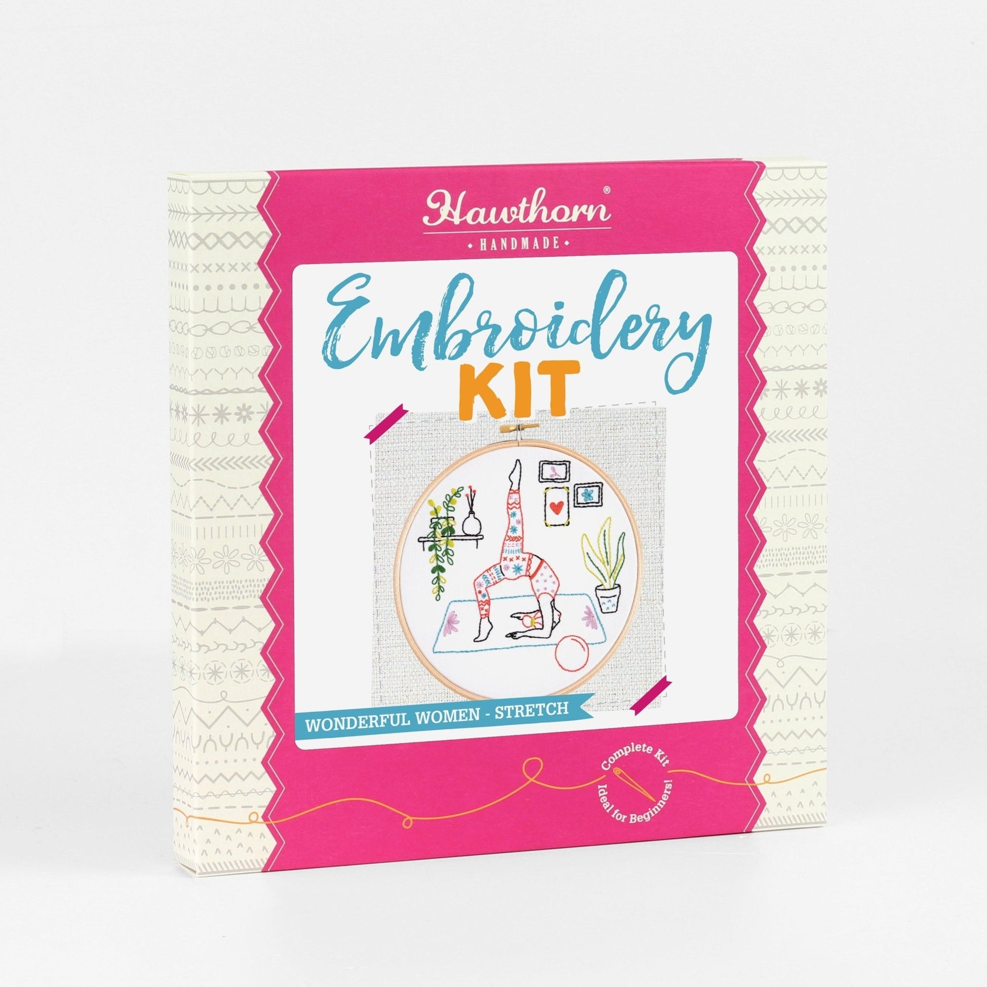 Embroidery kit packaging with pink border and white background