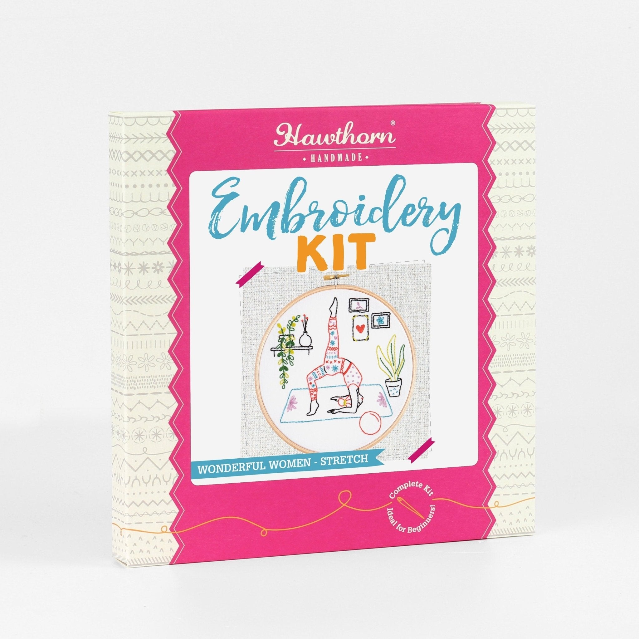 Embroidery kit packaging with pink border and white background