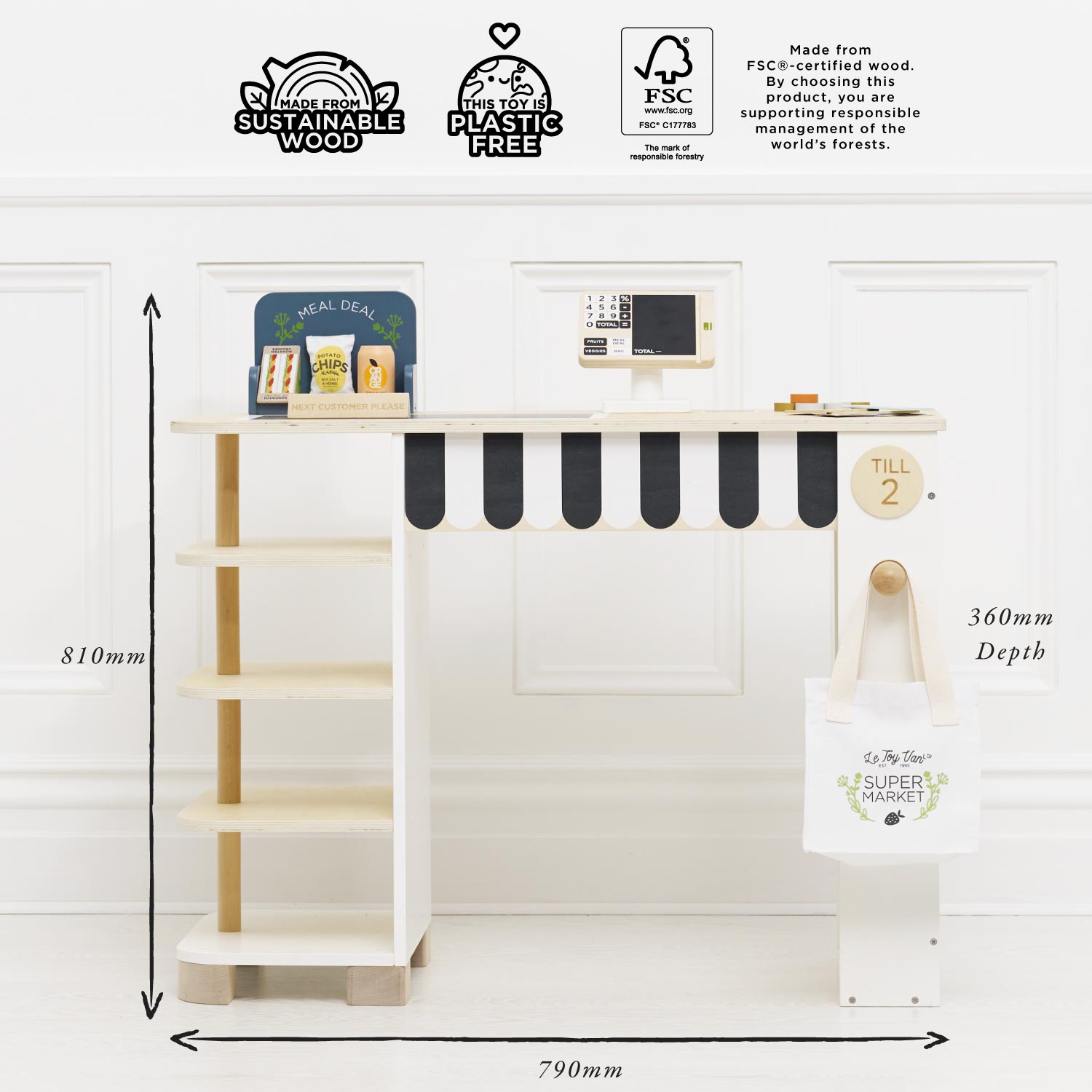 Children's play area with shelves, toy kitchen, and measurements on a white background