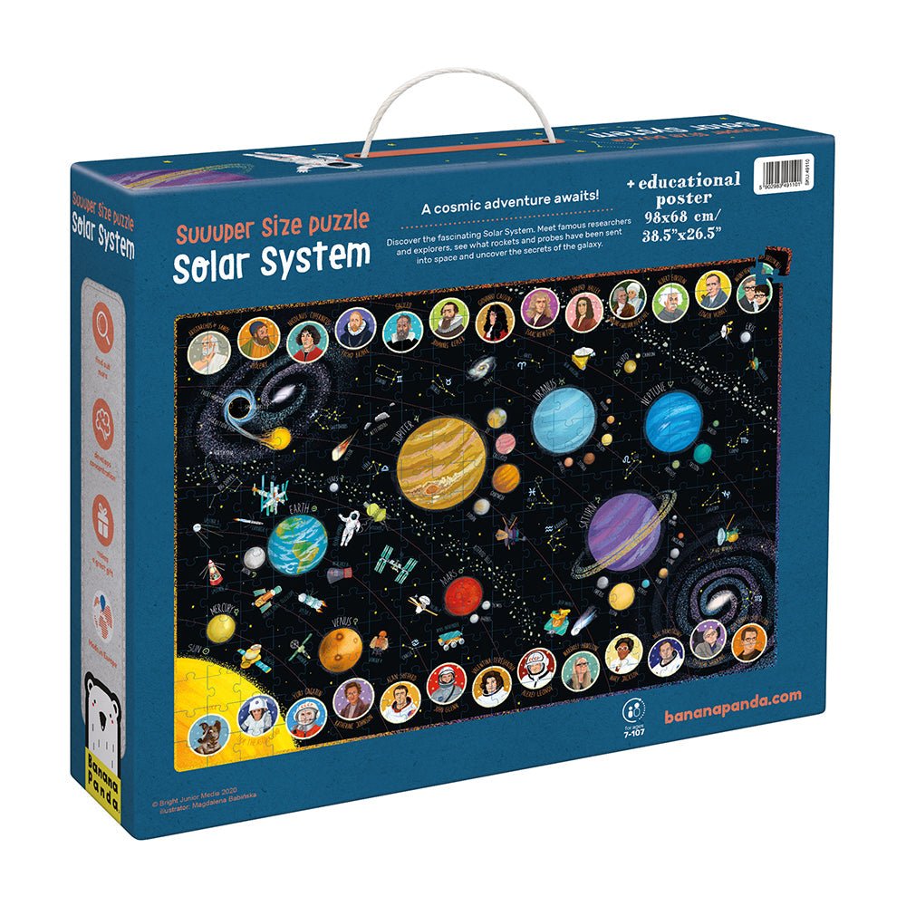 Solar system puzzle packaging with colorful illustrations of planets on a blue background