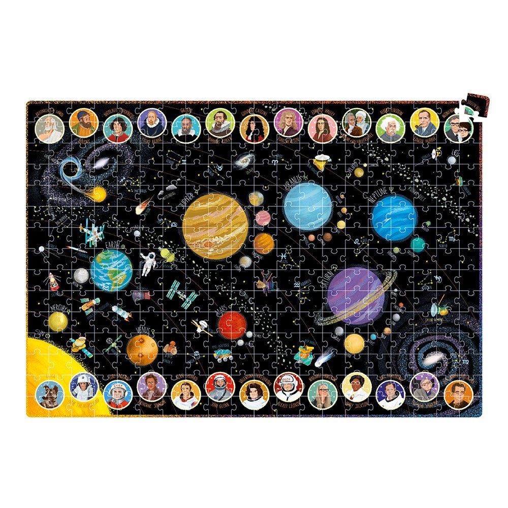 Solar system-themed puzzle with colorful planets and celestial bodies on a black background.