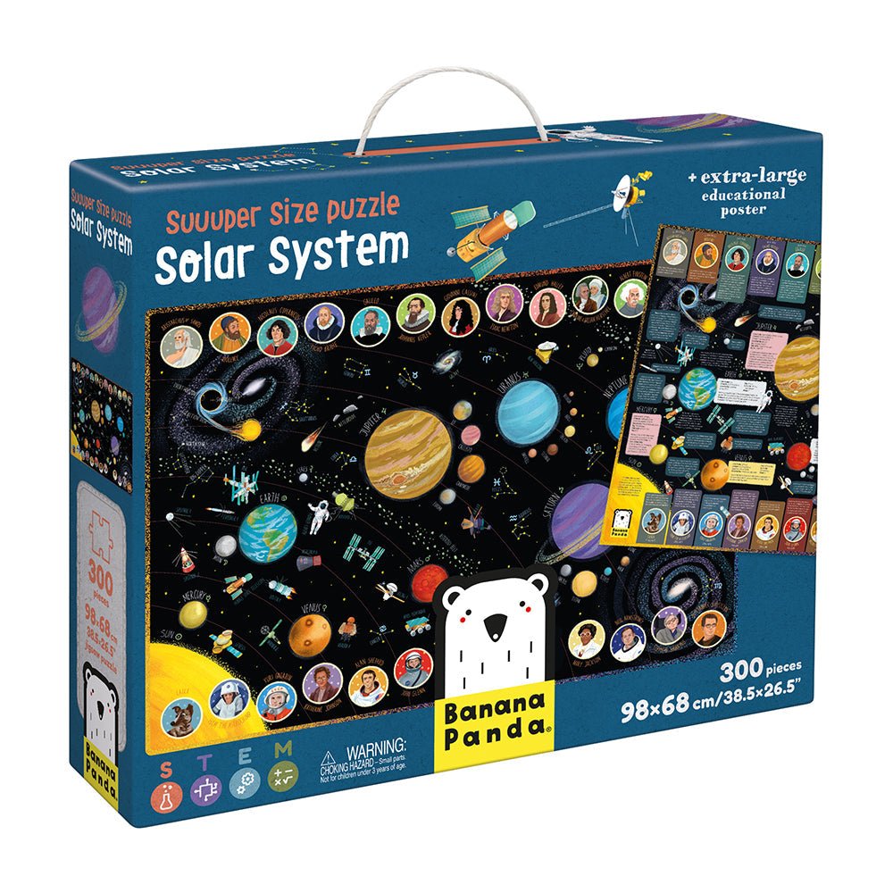 Solar System puzzle packaging with colorful illustrations of planets and space-themed design.