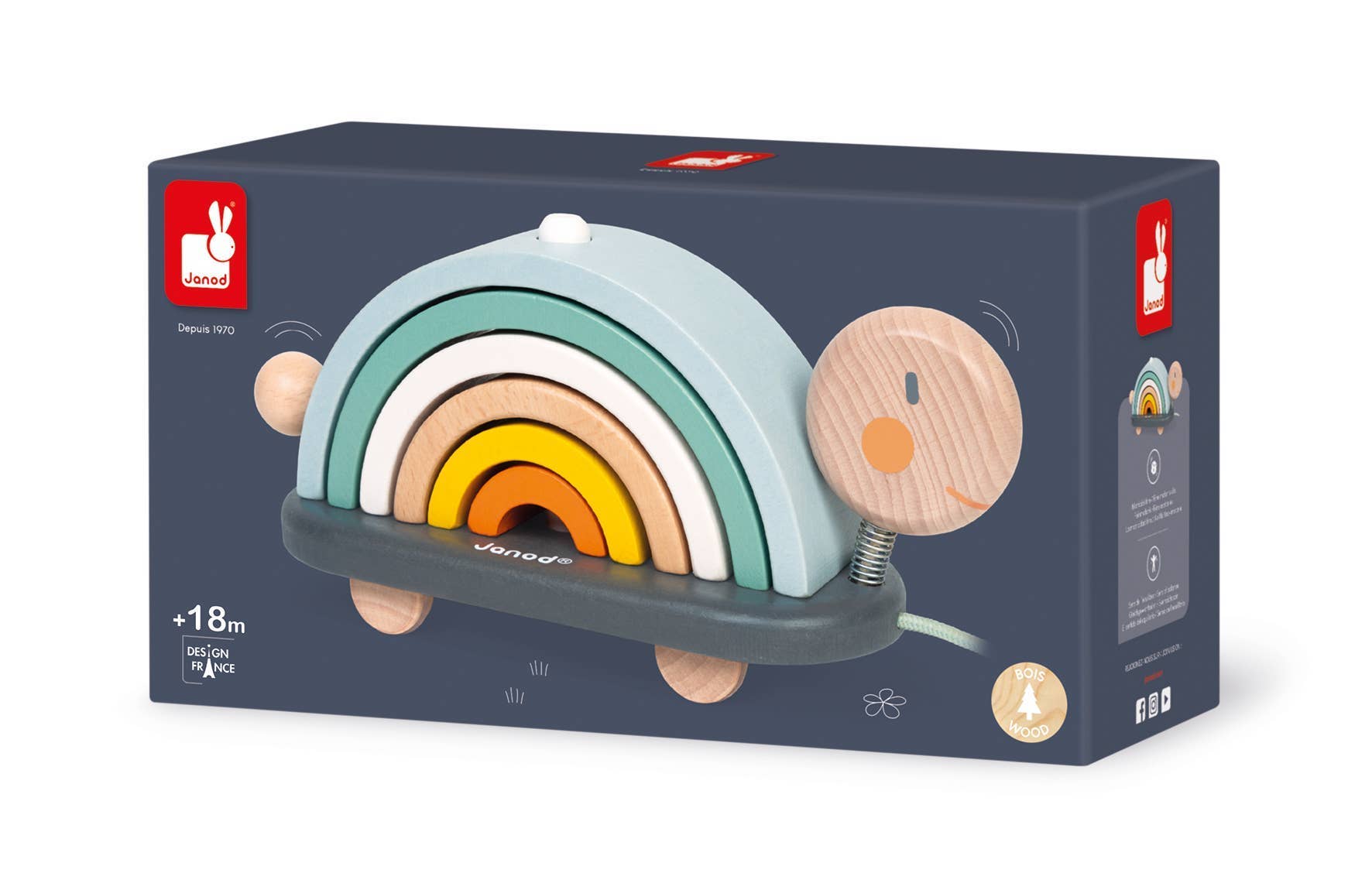 Wooden toy with rainbow design on its packaging